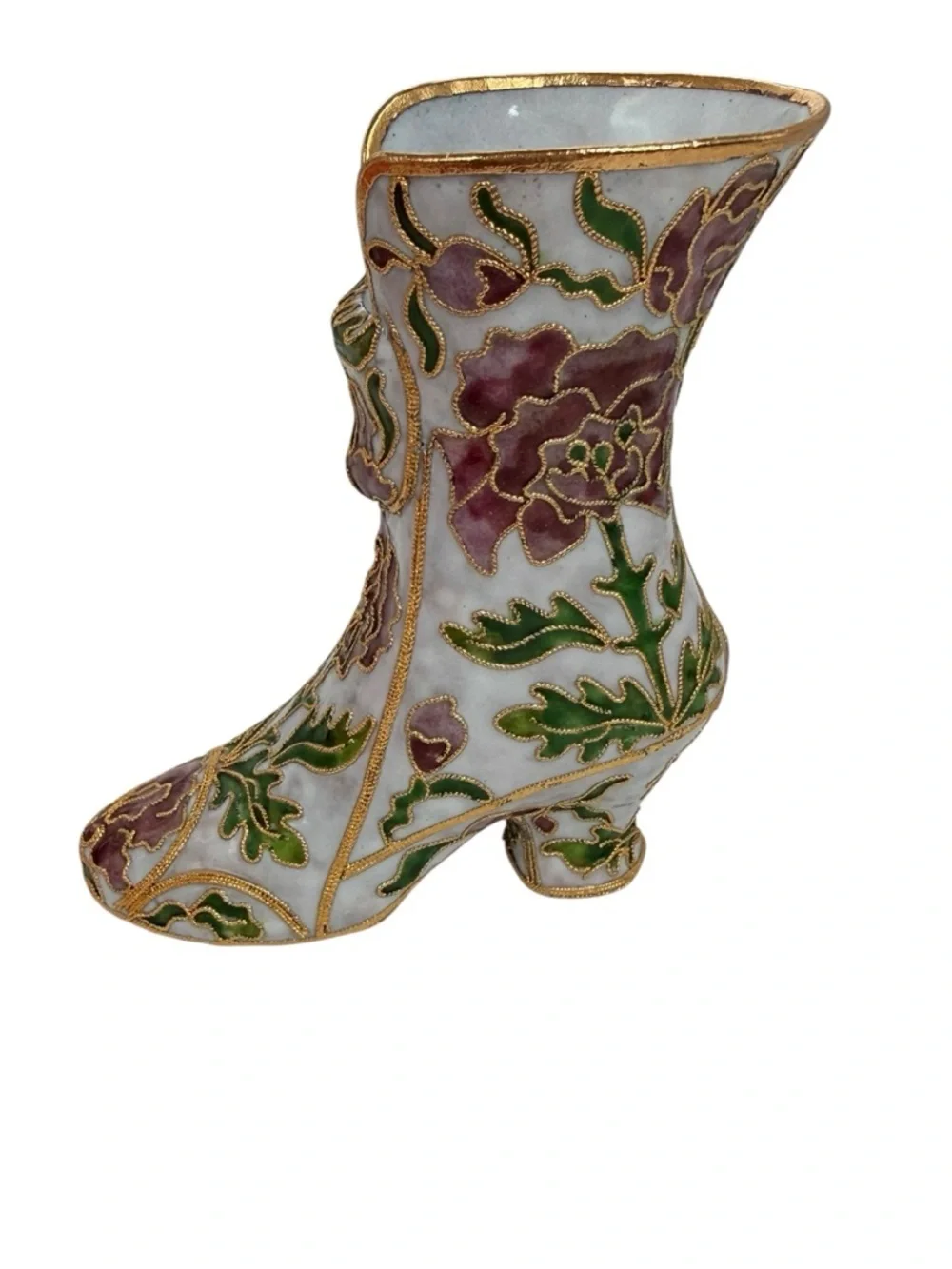 Floral Cloisonné Decorative Boot Vase - White with Pink & Green
